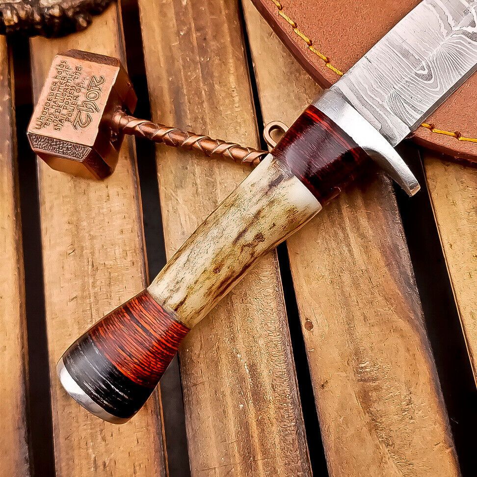 8 Inch Handmade Damascus Steel Bowie Knife with Stag Horn Handle and Steel Bolster