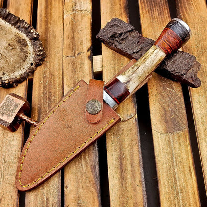 8 Inch Handmade Damascus Steel Bowie Knife with Stag Horn Handle and Steel Bolster