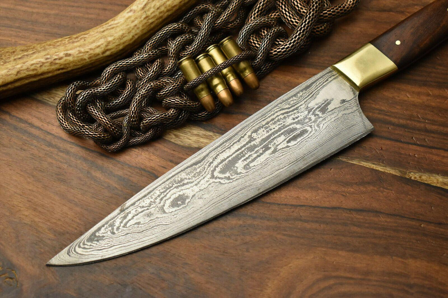 Hand Made Damascus Steel Blade Chef Kitchen Full Tang Knife | Walnut Wood