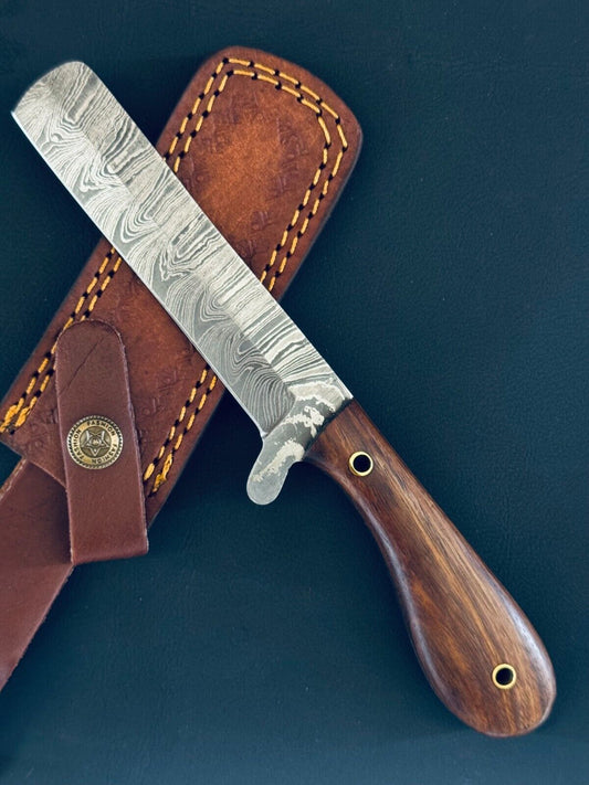 Custom Cowboy Bull Cutter Knife Fire Storm Damascus Steel Bull Cutter Knife With Wood Handle