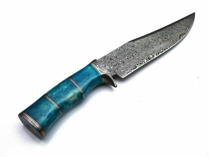 Handmade 12.5" Damascus Steel Hunting Bowie Knife – Colored Camel Bone Handle