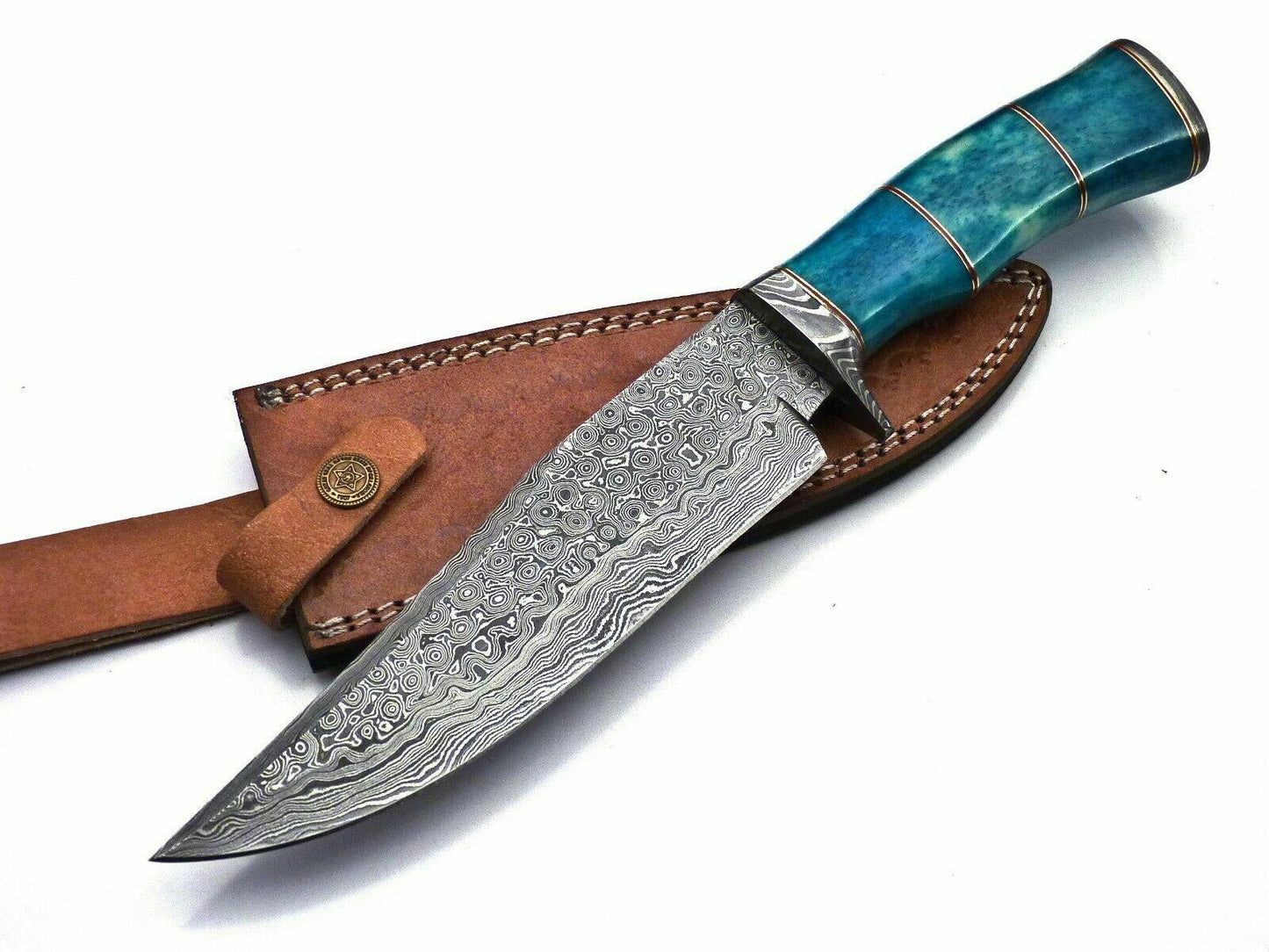 Handmade 12.5" Damascus Steel Hunting Bowie Knife – Colored Camel Bone Handle