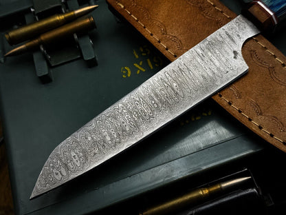 Handmade Damascus Steel Chef Knife – Kitchen Cutting Knife with Wood Handle & Leather Sheath