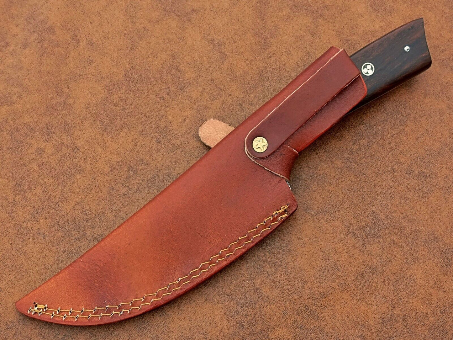 Custom Handmade Damascus Steel Chef BBQ Special Knife – 6" Blade with Natural Wood Handle and Leather Sheath