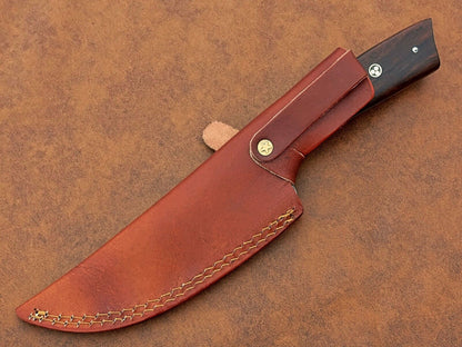 Custom Handmade Damascus Steel Chef BBQ Special Knife – 6" Blade with Natural Wood Handle and Leather Sheath