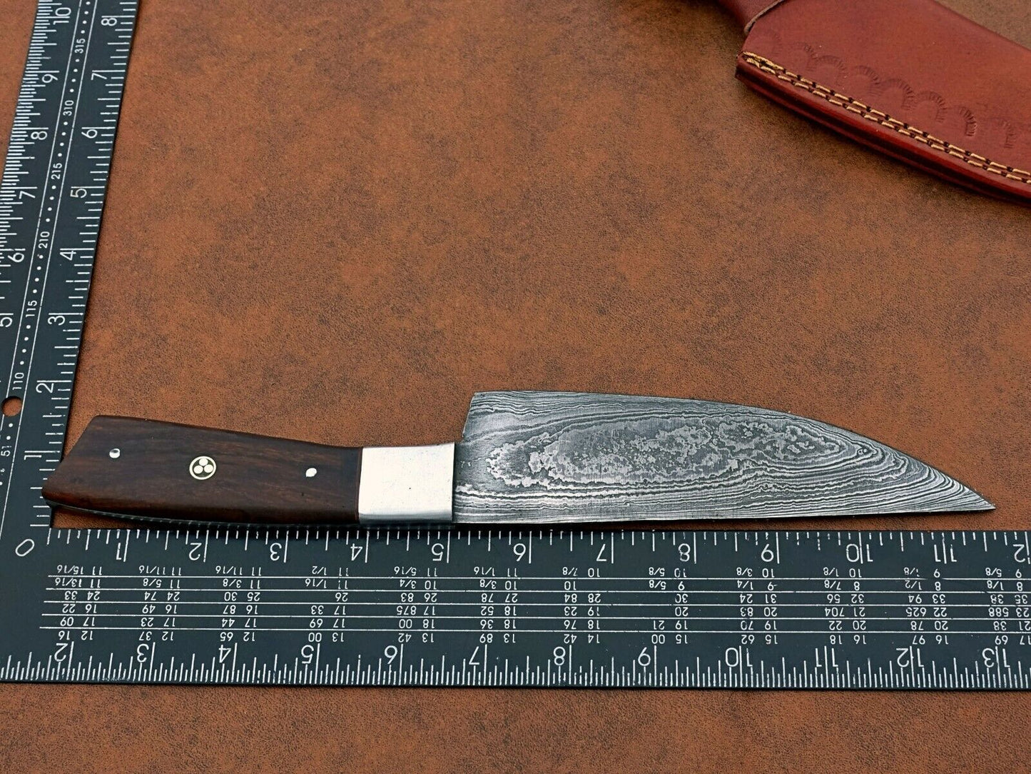Custom Handmade Damascus Steel Chef BBQ Special Knife – 6" Blade with Natural Wood Handle and Leather Sheath