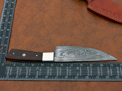 Custom Handmade Damascus Steel Chef BBQ Special Knife – 6" Blade with Natural Wood Handle and Leather Sheath