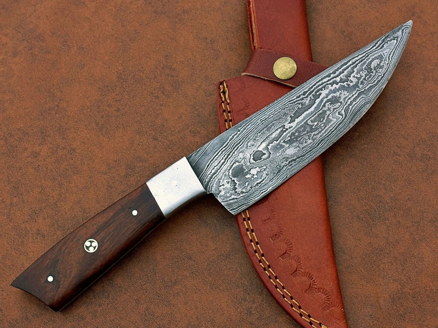 Custom Handmade Damascus Steel Chef BBQ Special Knife – 6" Blade with Natural Wood Handle and Leather Sheath