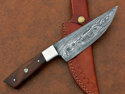 Custom Handmade Damascus Steel Chef BBQ Special Knife – 6" Blade with Natural Wood Handle and Leather Sheath