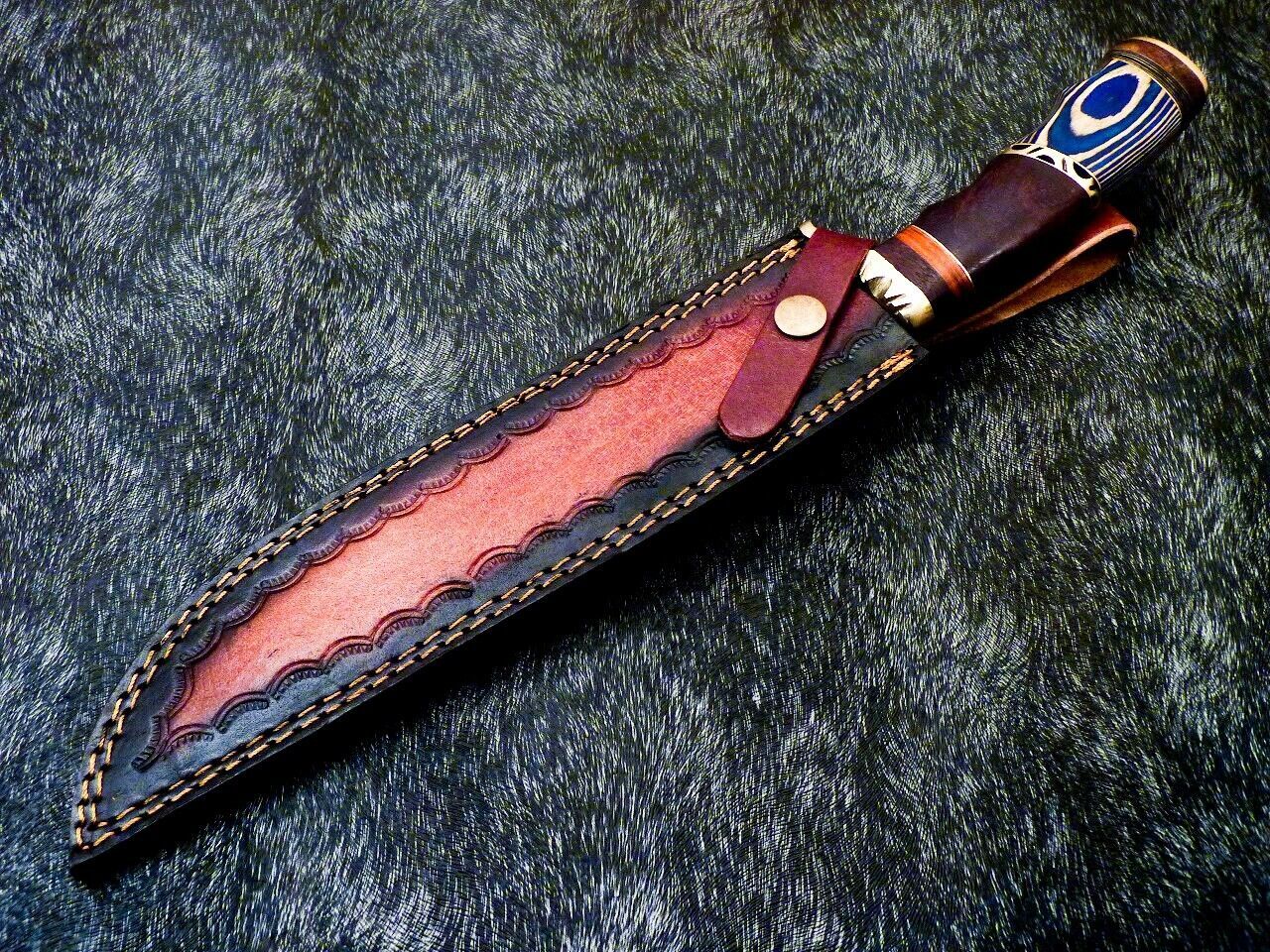 15 Inch Damascus Steel Bowie Knife with Hardwood Handle for Hunting and Camping