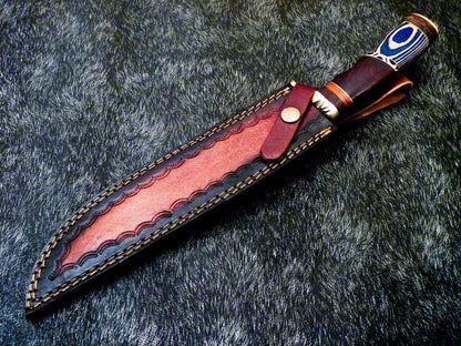 15 Inch Damascus Steel Bowie Knife with Hardwood Handle for Hunting and Camping