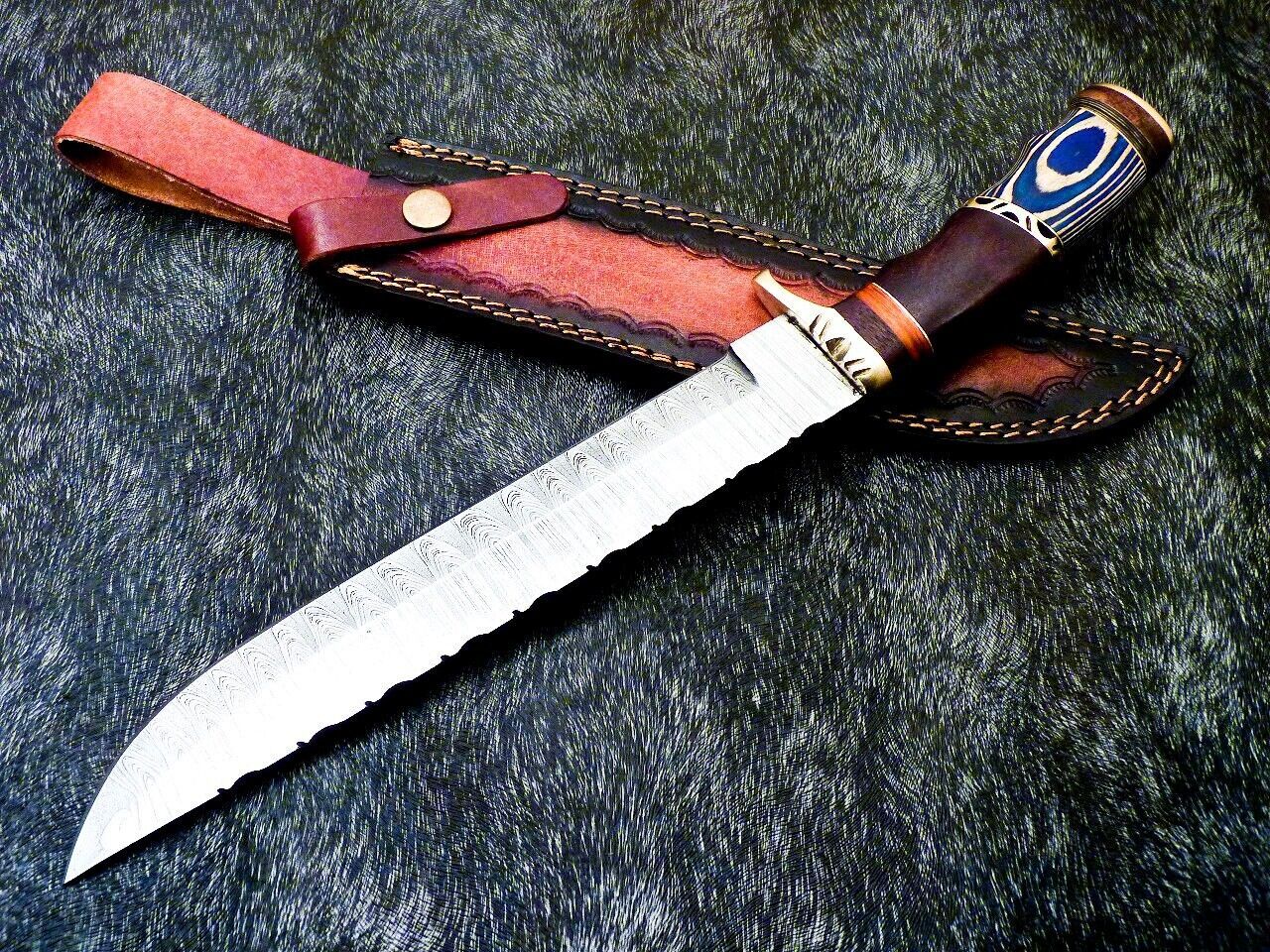 15 Inch Damascus Steel Bowie Knife with Hardwood Handle for Hunting and Camping