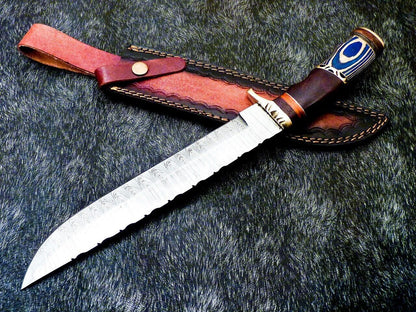 15 Inch Damascus Steel Bowie Knife with Hardwood Handle for Hunting and Camping
