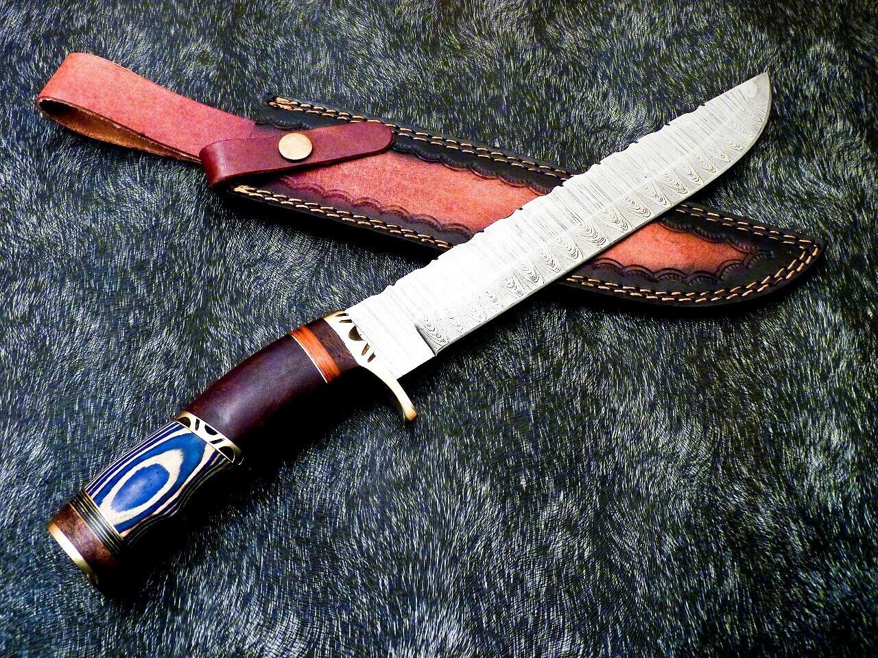 15 Inch Damascus Steel Bowie Knife with Hardwood Handle for Hunting and Camping