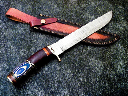 15 Inch Damascus Steel Bowie Knife with Hardwood Handle for Hunting and Camping