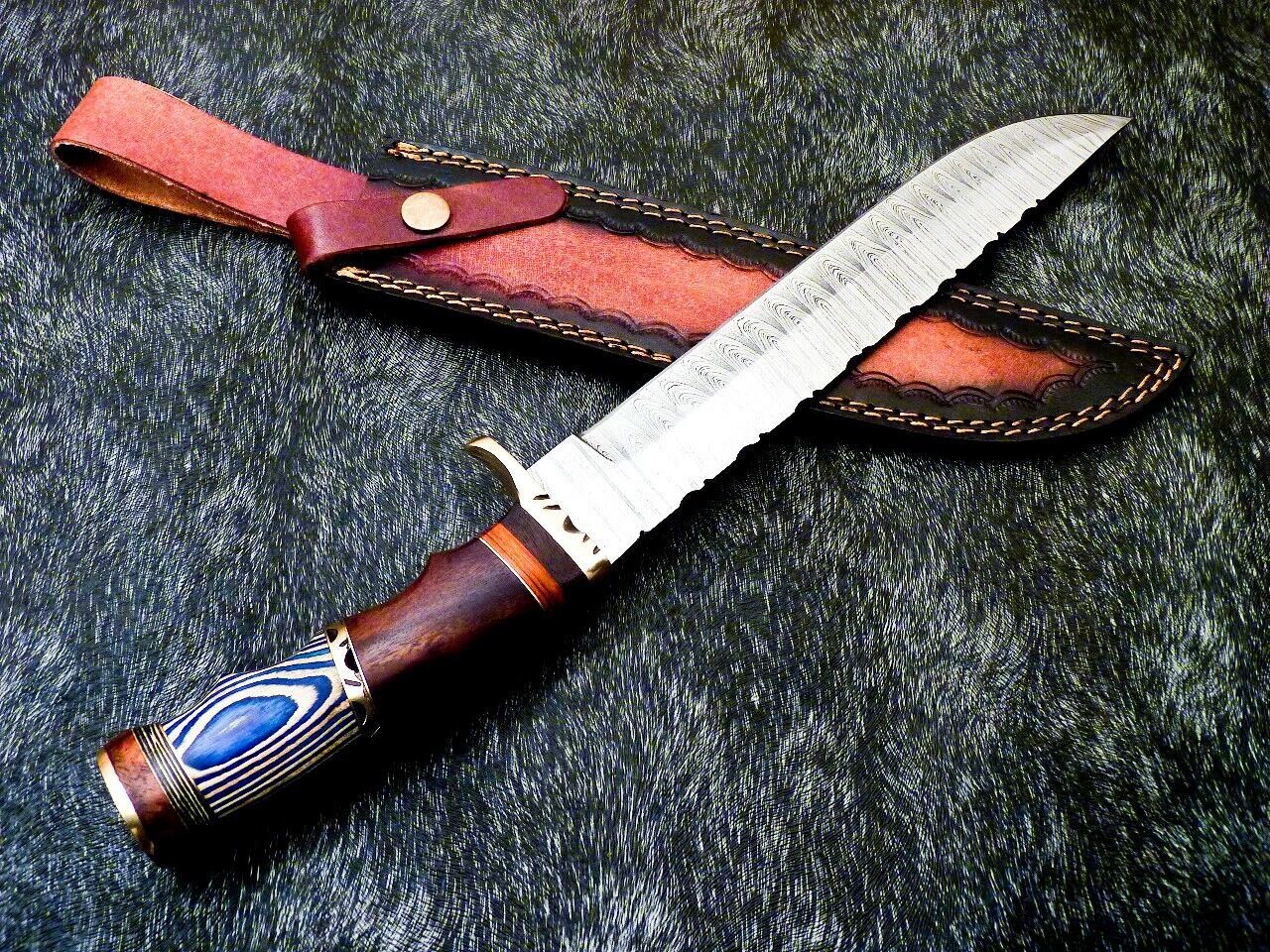 15 Inch Damascus Steel Bowie Knife with Hardwood Handle for Hunting and Camping