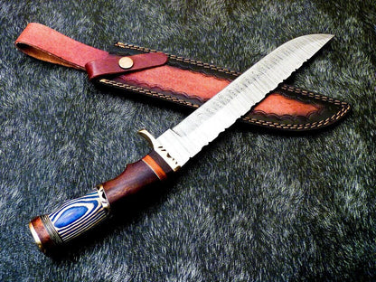 15 Inch Damascus Steel Bowie Knife with Hardwood Handle for Hunting and Camping