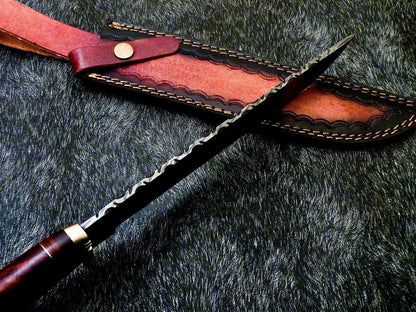 15 Inch Damascus Steel Bowie Knife with Hardwood Handle for Hunting and Camping