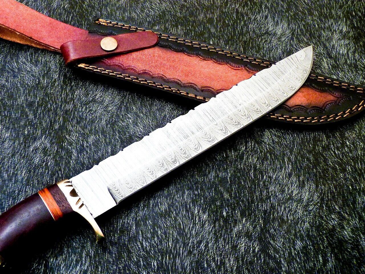 15 Inch Damascus Steel Bowie Knife with Hardwood Handle for Hunting and Camping
