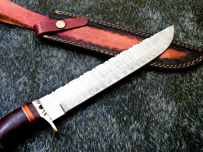 15 Inch Damascus Steel Bowie Knife with Hardwood Handle for Hunting and Camping
