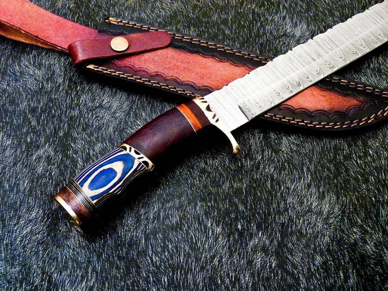 15 Inch Damascus Steel Bowie Knife with Hardwood Handle for Hunting and Camping