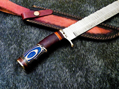 15 Inch Damascus Steel Bowie Knife with Hardwood Handle for Hunting and Camping