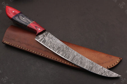 13" Custom Handmade Fire Damascus Steel Fillet Knife For Kitchen Use Best Fillet Knife W/Sheath