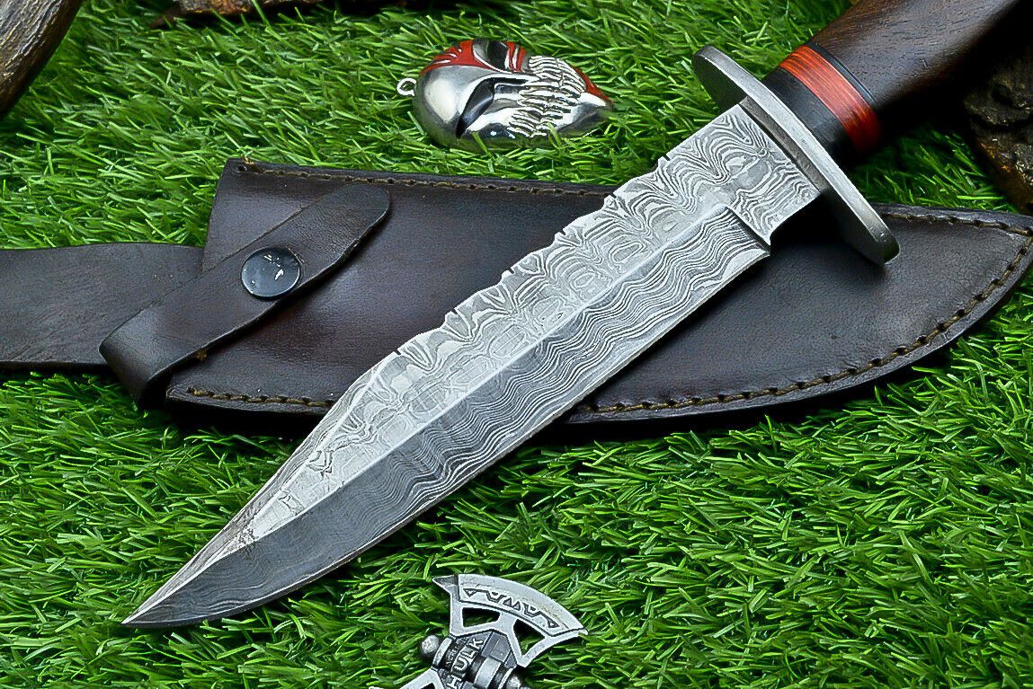 Heritage Forge Damascus Steel Hunting Knife with Wood Handle | 12 Inch Handmade Bowie Knife
