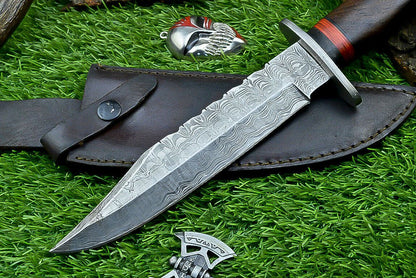 Heritage Forge Damascus Steel Hunting Knife with Wood Handle | 12 Inch Handmade Bowie Knife