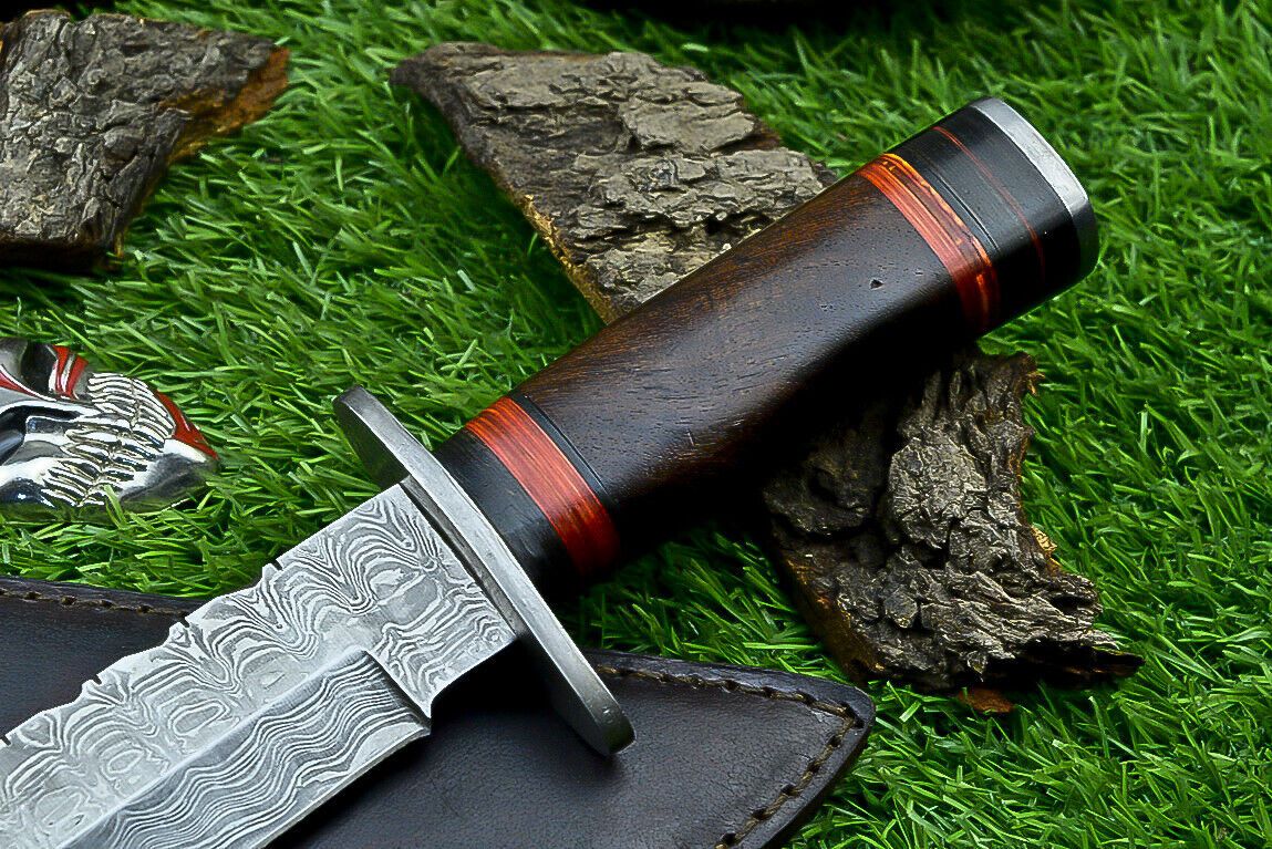 Heritage Forge Damascus Steel Hunting Knife with Wood Handle | 12 Inch Handmade Bowie Knife