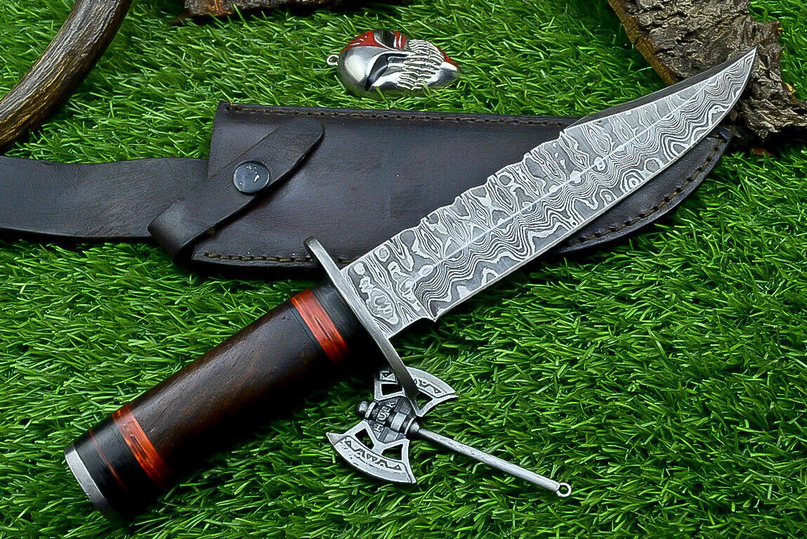 Heritage Forge Damascus Steel Hunting Knife with Wood Handle | 12 Inch Handmade Bowie Knife