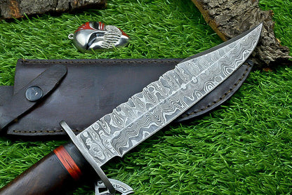 Heritage Forge Damascus Steel Hunting Knife with Wood Handle | 12 Inch Handmade Bowie Knife