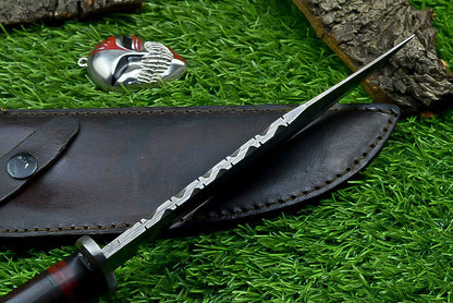 Heritage Forge Damascus Steel Hunting Knife with Wood Handle | 12 Inch Handmade Bowie Knife
