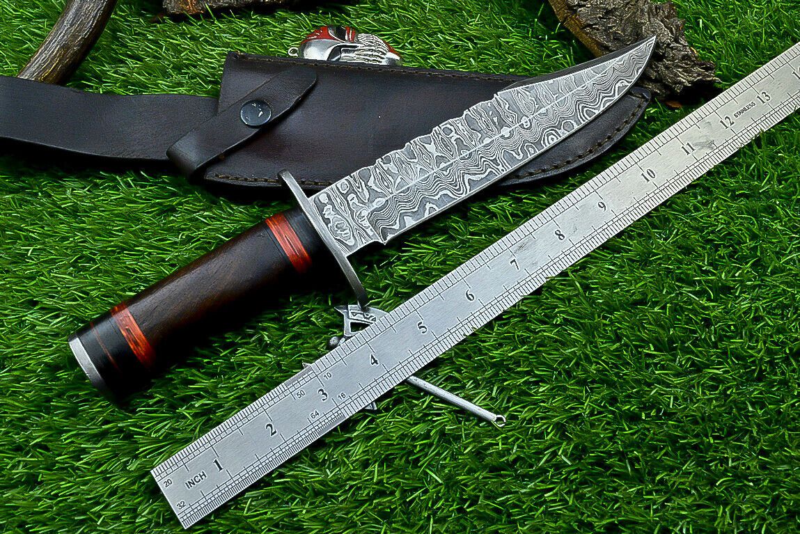 Heritage Forge Damascus Steel Hunting Knife with Wood Handle | 12 Inch Handmade Bowie Knife