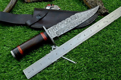 Heritage Forge Damascus Steel Hunting Knife with Wood Handle | 12 Inch Handmade Bowie Knife
