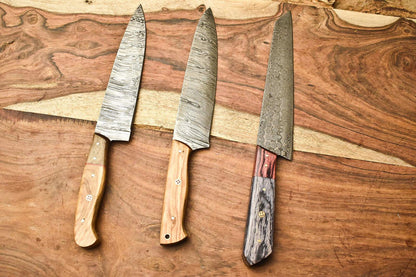 Lot of 3 Handmade Damascus Blade Full Tang Chef Set Knife