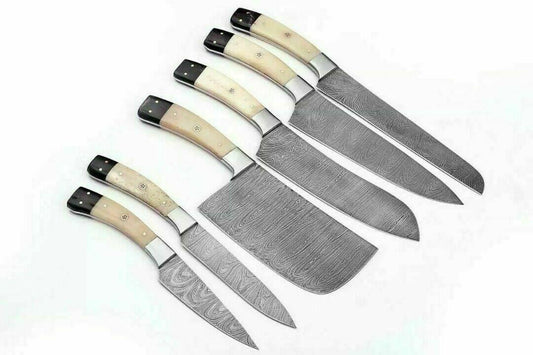 Hand Forged Damascus Chef Knife Set – 6-Piece Japanese Style Kitchen Knives with Bone Handle