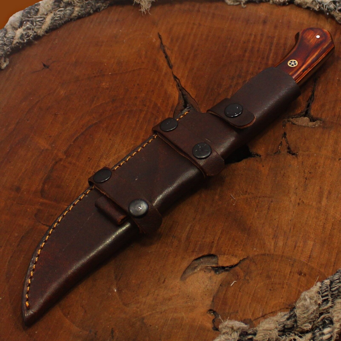 12" Custom Twist Damascus Steel Bowie Knife – Bone Handle with Leather Sheath