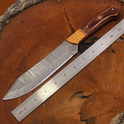 12" Custom Twist Damascus Steel Bowie Knife – Bone Handle with Leather Sheath