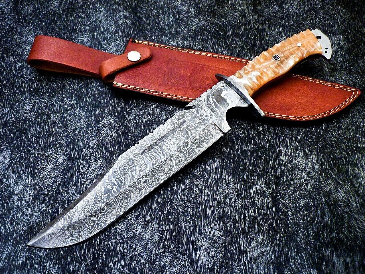Handmade Damascus Steel Bowie Knife with Resin Handle and Mosaic Pin