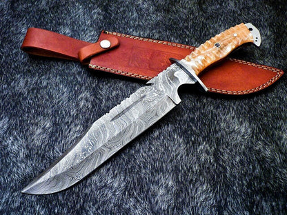 Handmade Damascus Steel Bowie Knife with Resin Handle and Mosaic Pin