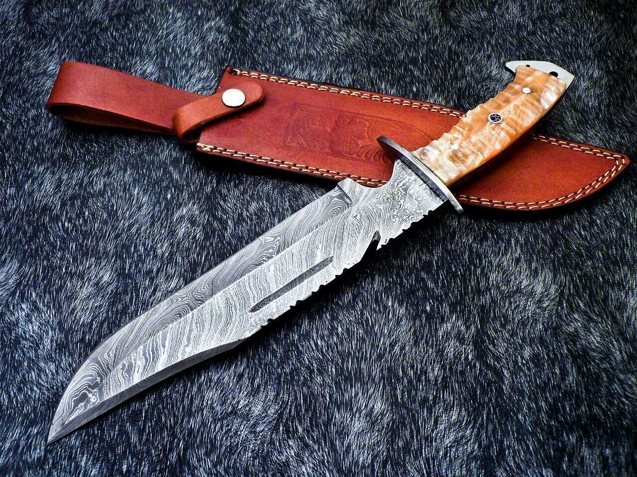 Handmade Damascus Steel Bowie Knife with Resin Handle and Mosaic Pin