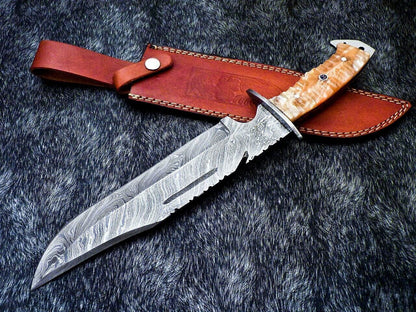 Handmade Damascus Steel Bowie Knife with Resin Handle and Mosaic Pin