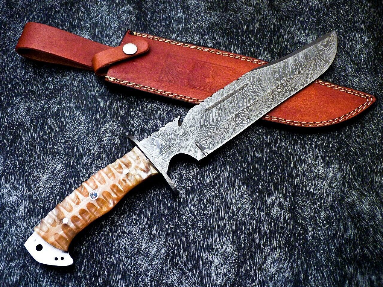 Handmade Damascus Steel Bowie Knife with Resin Handle and Mosaic Pin