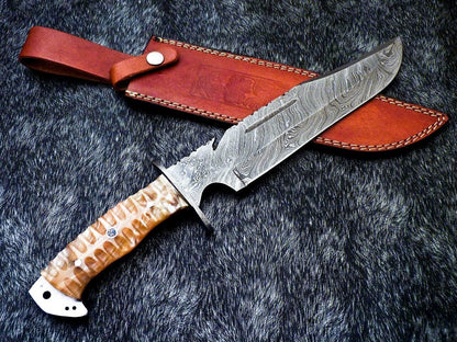 Handmade Damascus Steel Bowie Knife with Resin Handle and Mosaic Pin