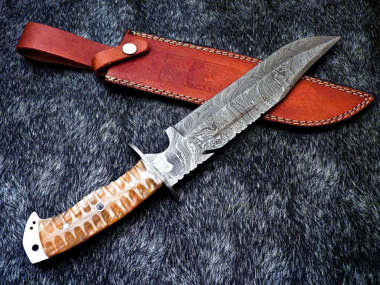 Handmade Damascus Steel Bowie Knife with Resin Handle and Mosaic Pin
