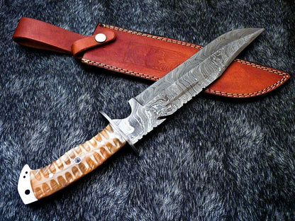 Handmade Damascus Steel Bowie Knife with Resin Handle and Mosaic Pin