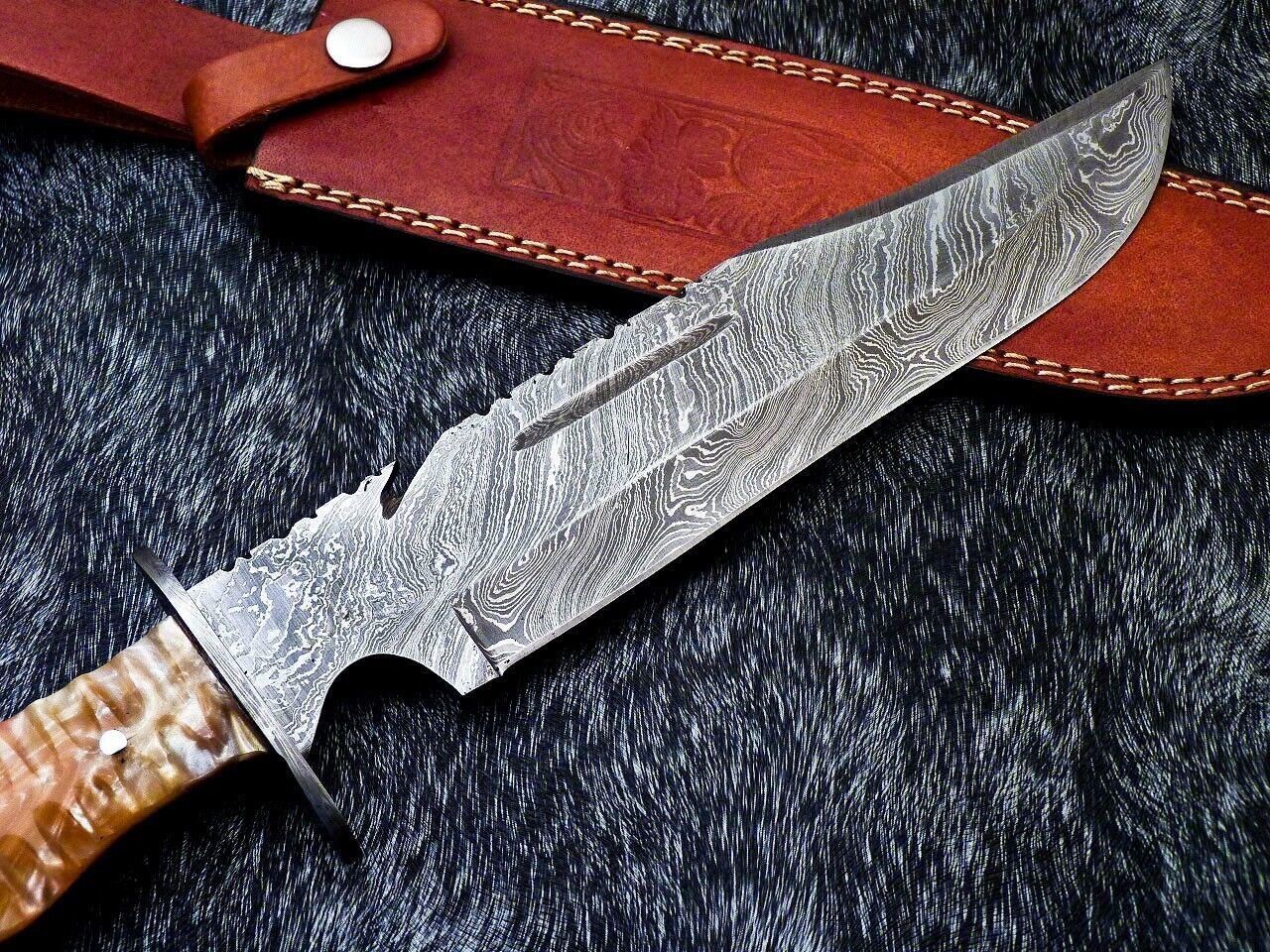 Handmade Damascus Steel Bowie Knife with Resin Handle and Mosaic Pin