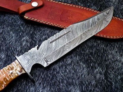 Handmade Damascus Steel Bowie Knife with Resin Handle and Mosaic Pin