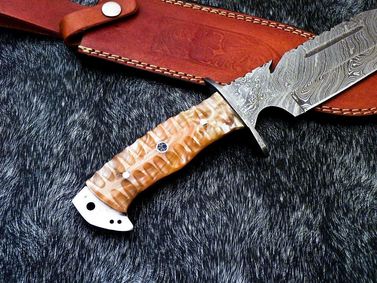 Handmade Damascus Steel Bowie Knife with Resin Handle and Mosaic Pin
